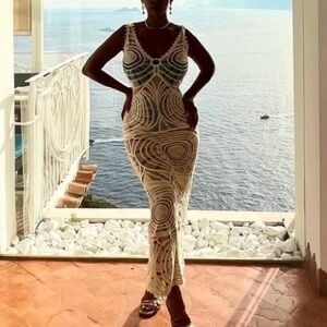 Elegant Cream Crochet Maxi Dress coverup